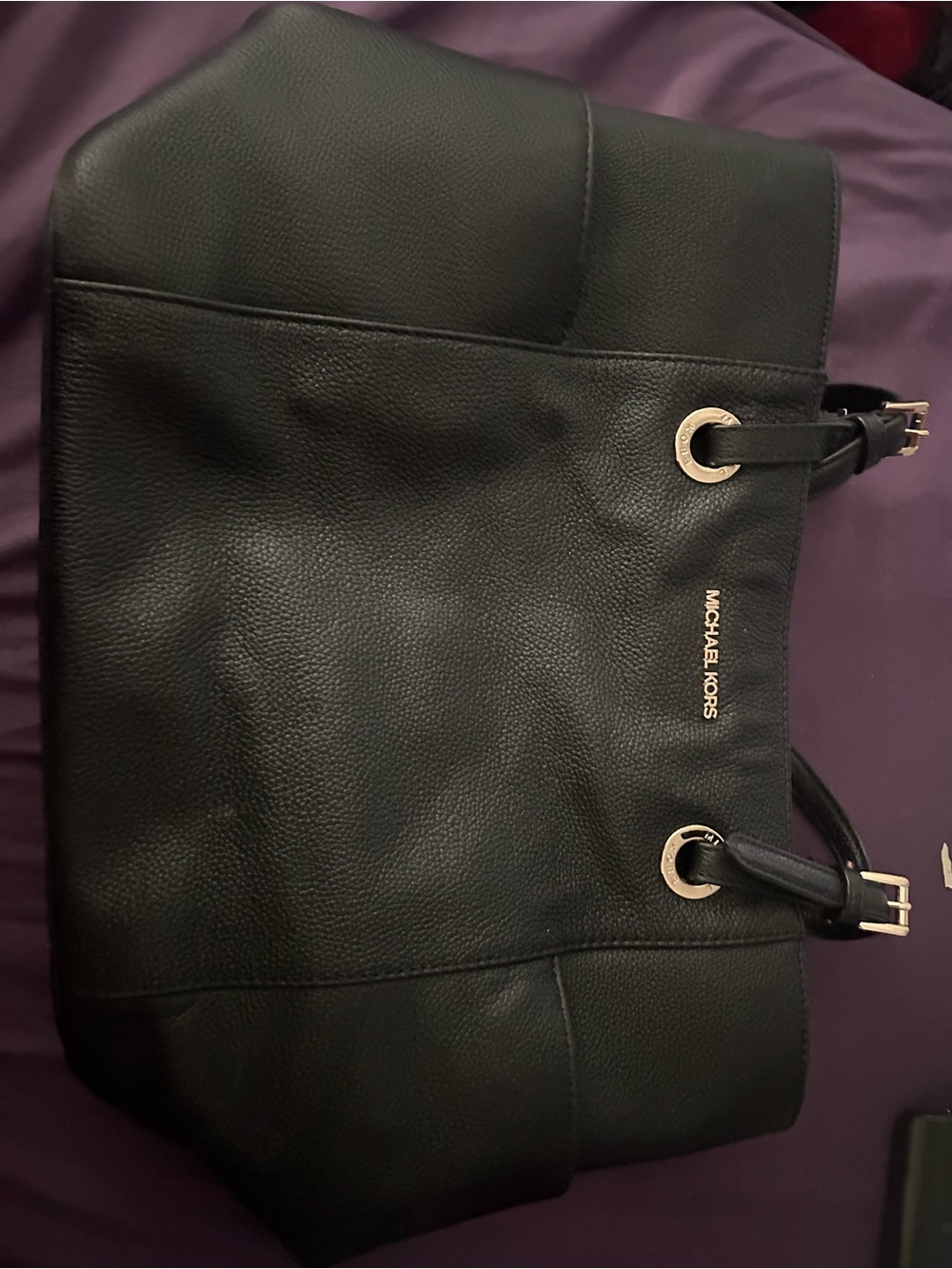 Michael Kors Black Pebbled Leather Shoulder Tote with Gold Accents